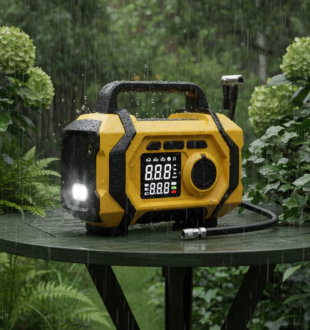 Using a portable tyre pump during challenging UK roadside conditions.