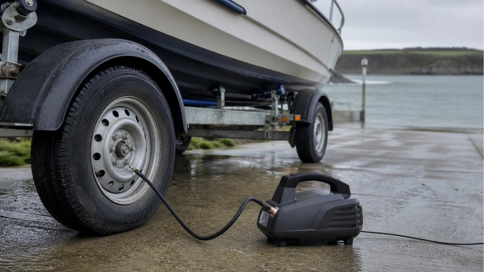 Portable tyre inflator topping up a boat trailer tyre at a UK slipway