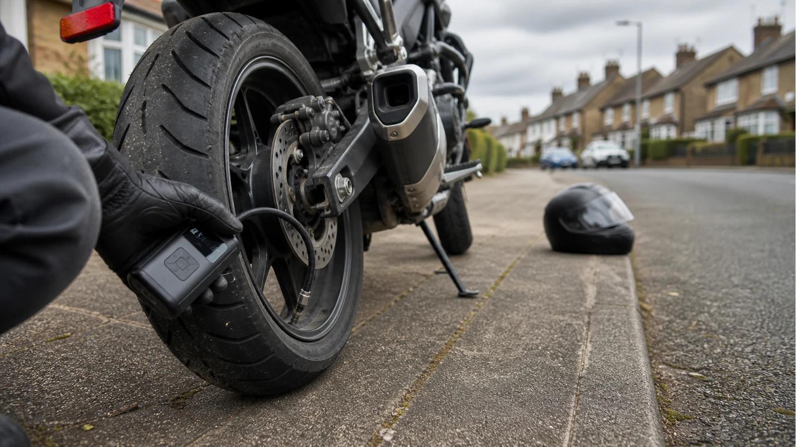 Motorcyclist using a cordless digital tyre inflator on a UK street