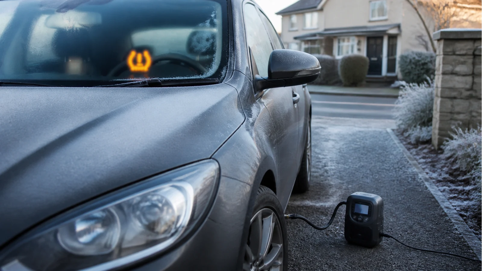 Cold-weather TPMS warning prompting a driveway tyre pressure top-up in the UK