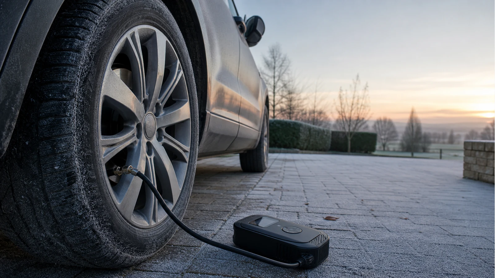 Driver checking cold car tyre pressure with a portable digital inflator on a frosty UK morning